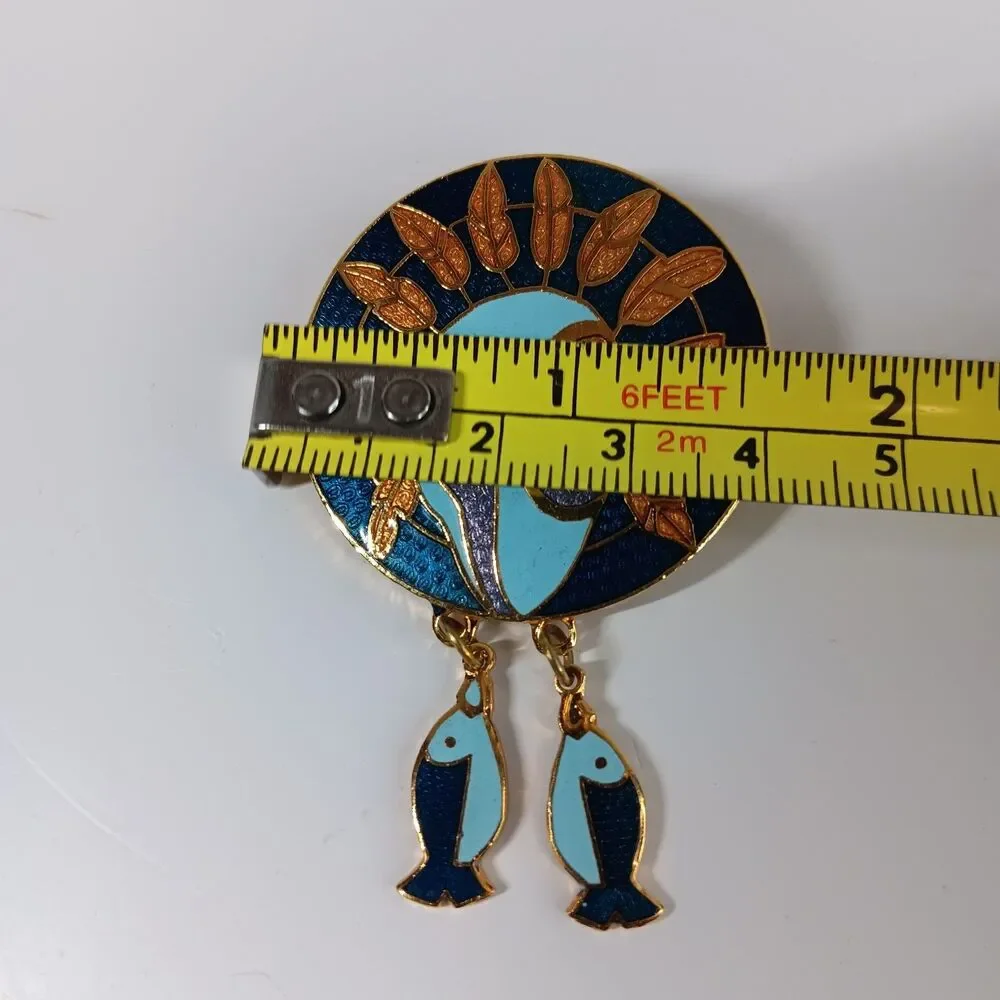 Vtg Barbara Lavallee Cloisonne Enamel Brooch Pin Boho Bohemian Fish Dangle Round